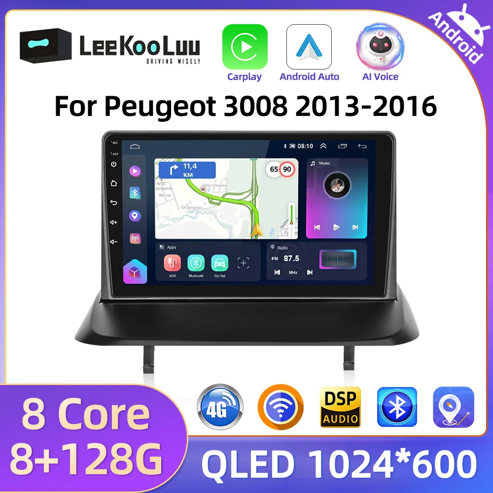 LeeKooLuu 8G+128G Wireless CarPlay Android Auto For Peugeot 3008 2013-2016 (left drive) Car Radio 4G WIFI GPS Multimedia Player