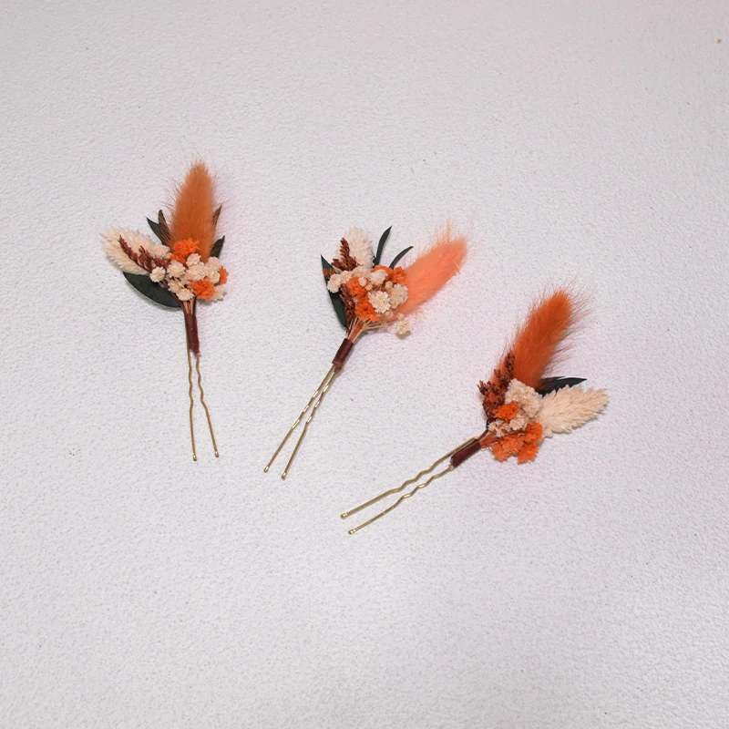 Handmade Autumn Wedding Accessory Flower Comb Terracotta Bridal Hair Gypsophila Dried flower Eucalyptus Hair Accessory Orange