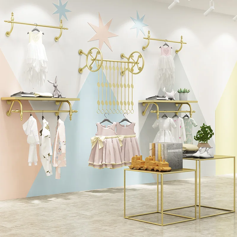 （customized）Children Clothing Shop Display Rack  Wall Mounted Hanger Rack Garment Shop Golden Clothes Rack