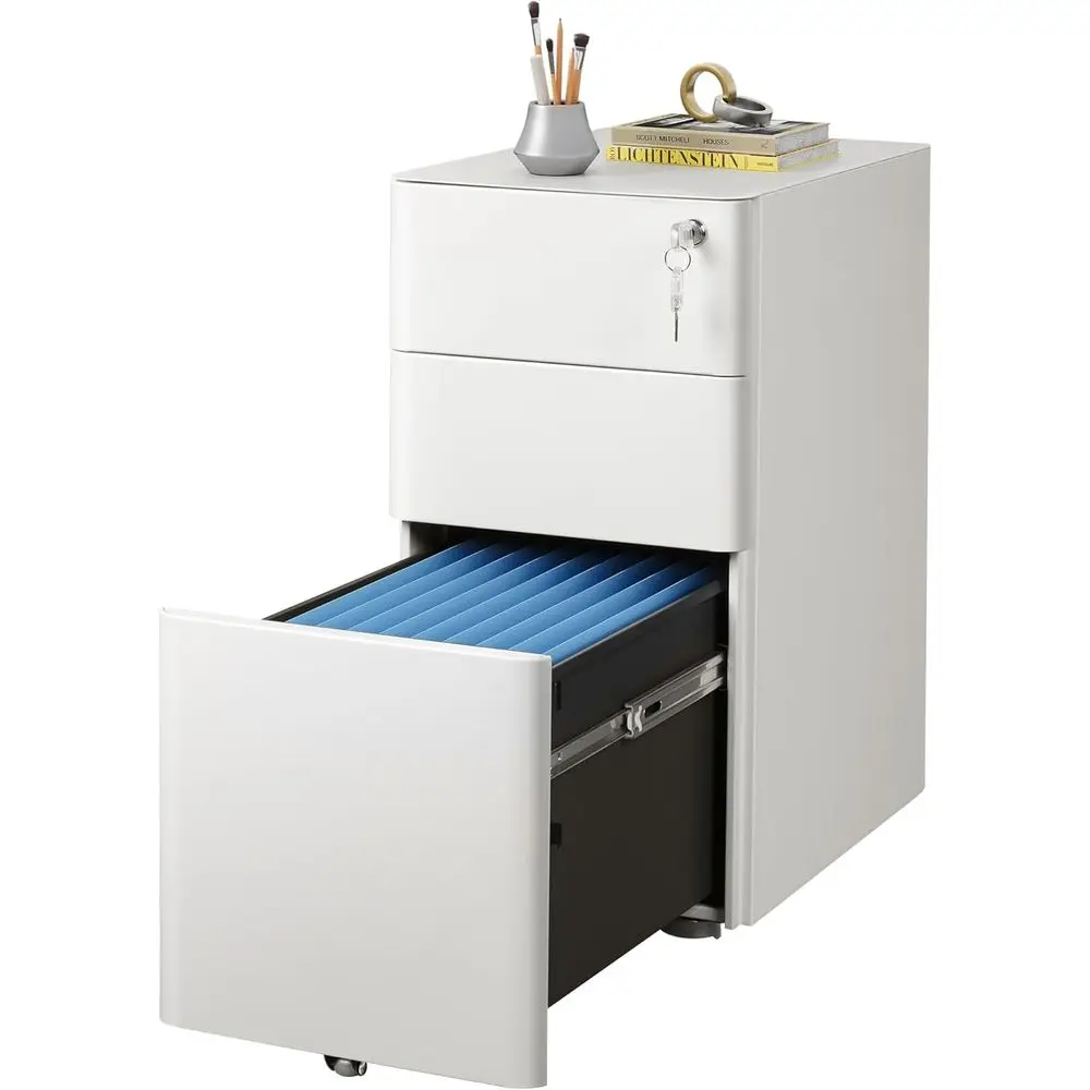 

Metal Filing Cabinet with Lock, Under Desk Storage, Suitable for Letters/Legal/A4 Files, Fully Assembled with Casters - White