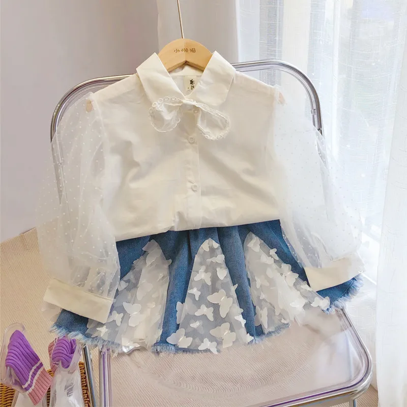 

Children's Wear 2021 Autumn New Two Piece Set For Girls French Shirt With 3D Butterfly Denim Skirt