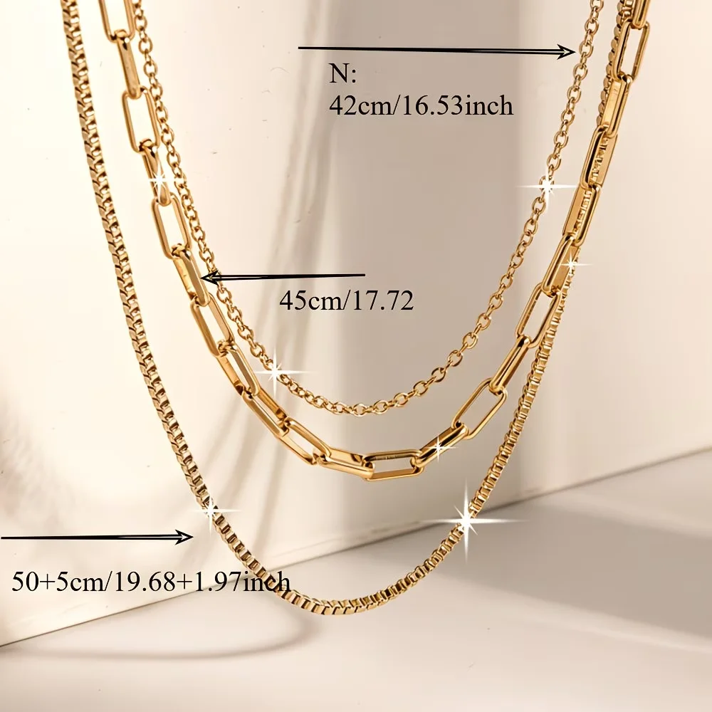 1pc Three-Layer Stackable Stainless Steel Paperclip Chain Necklace, Vintage Fashion Layering Clavicle Chain for Unisex Gold/Silv