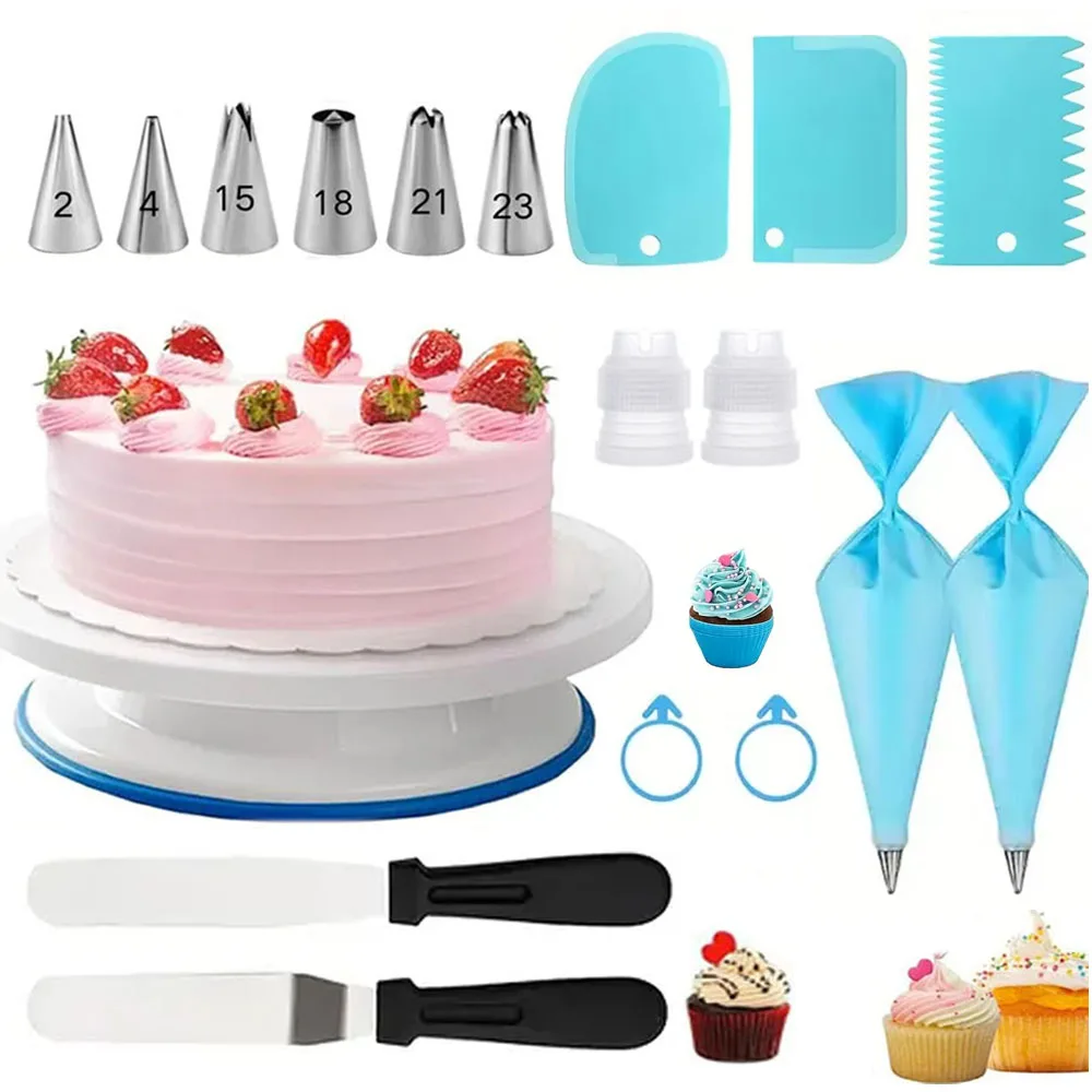 18-teiliges Kuchendekorations-Set mit Drehteller, rutschfester Kuchendrehteller für Anfänger, DIY-Backwerkzeug-Set für Buttercreme (Rosa/Blau)