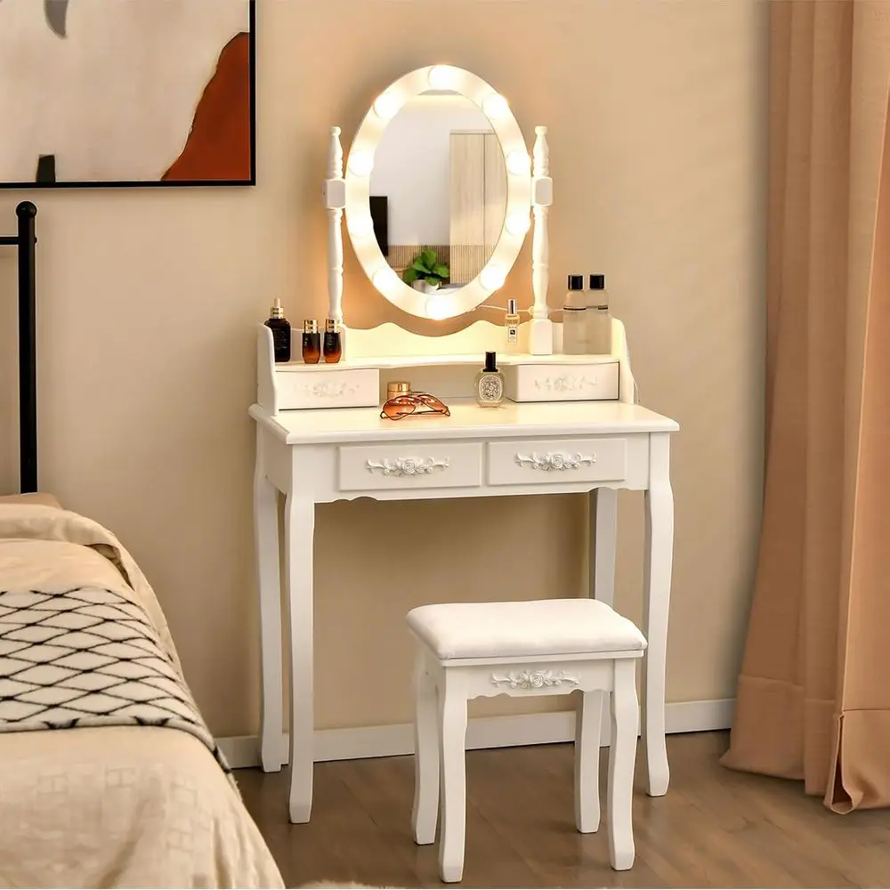 DAFIFY Vanity Table with 10 LED Lights, Adjustable Brightness, 3 Color Modes, 4 Drawers, Rotatable Mirror, Cushioned Stool, Bedr