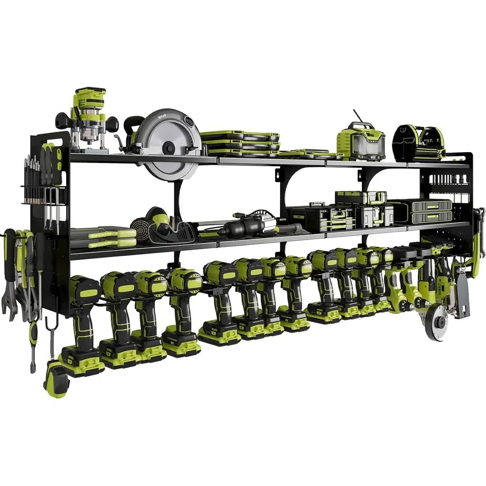 

64 Power Tool Organizer Wall Mount, 16 Slots, 3-Tier Drill & Cordless Tool Storage Holder with Pegboard Sides, Tool Wall Organiz