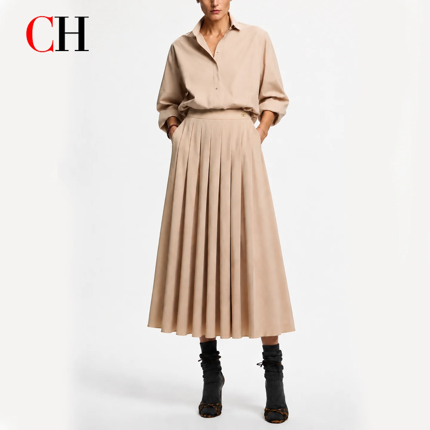 CH Women High Waist Pleated Midi Skirt Solid Color Small Embroidered Logo Elegant Swing A Line Long Skirt For Daily Wear