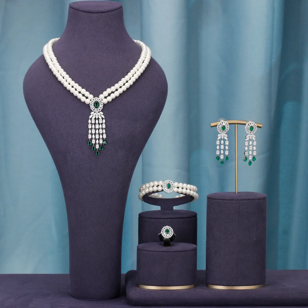 

New Trendy Pearl Jewelry Set Necklace Earrings Bracelet Two Rows of Pearls Handmade Strand Bead Zircon For Women Wedding Gift