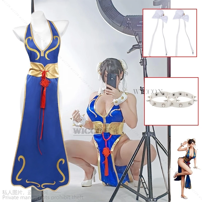 

Game Street Chun Li Cosplay Costumes Sutorito Faita Blue Cheongsam Dress Belt Headgear With Women Girls Clothes Halloween Party