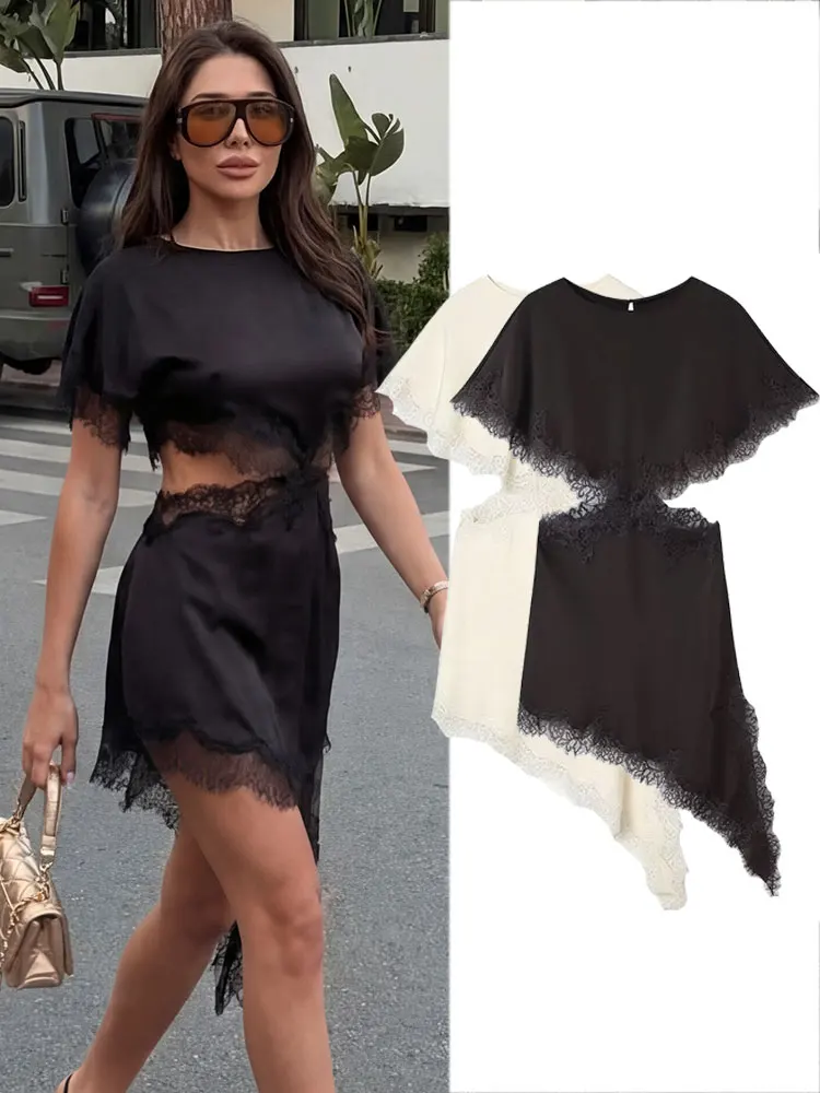 HH Damen Elegantes Einfarbiges Tailliertes Kleid mit Ausschnitten Spitzenbesatz Asymmetrisches Midi-Kleid Y2K Sexy Club- und Partykleid