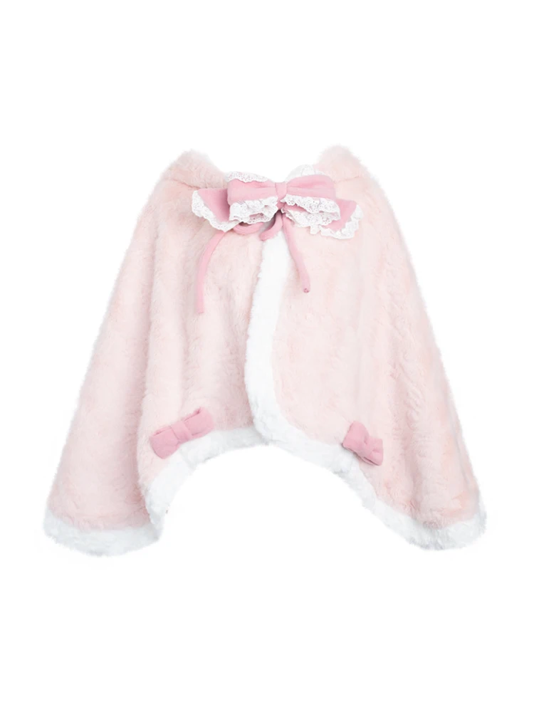 Japanese Sweet Cute Kawaii Lolita Cape Bow Rabbit Ear Hooded Thickened Warm Plush Cloaks Loose Pink Short Jackets Women Winter