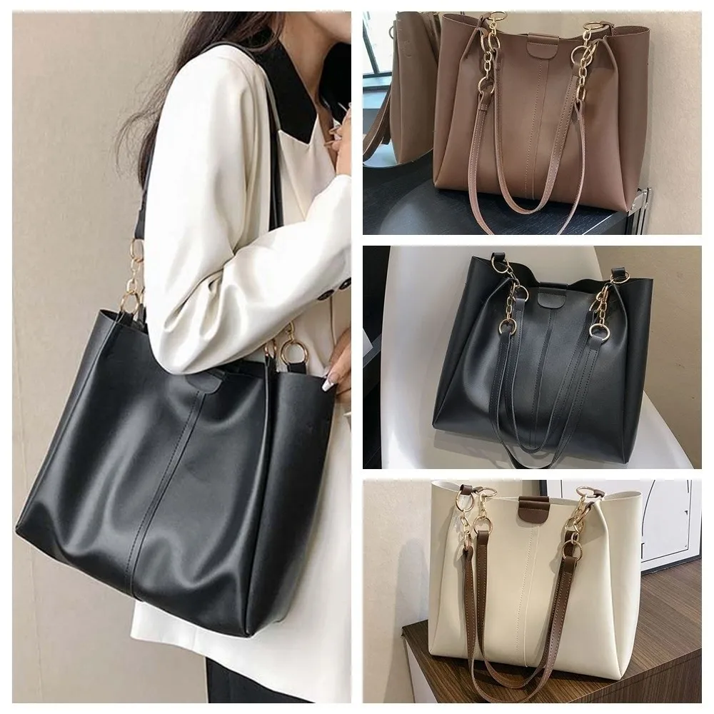 

Solid Color PU Tote Bag Lightweight Anti-splash Water Women Shoulder Pouch Handbag Alloy Chain Large Capacity Commuting Bag