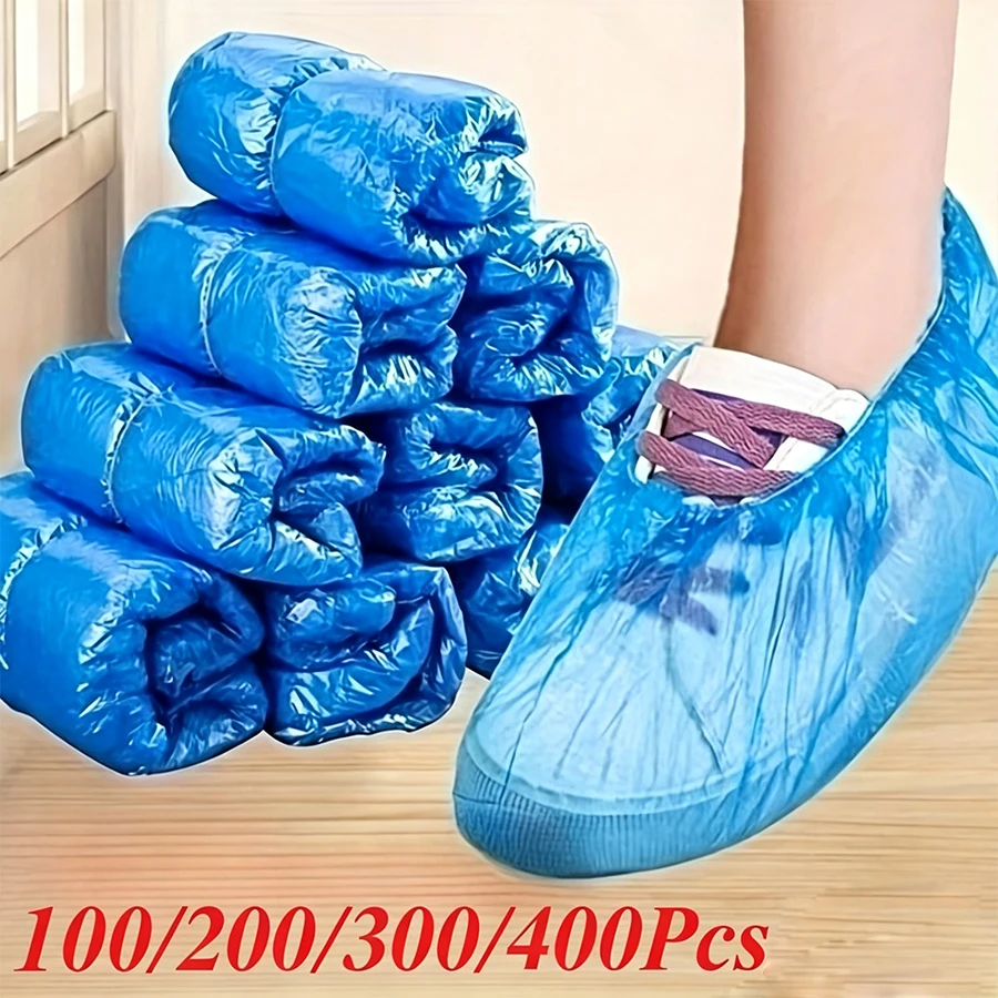 100/200/300/400Pcs Disposable Blue PE Shoe Covers Waterproof Dustproof Boot Covers for Home Hospital Office Use One Size FitsAll