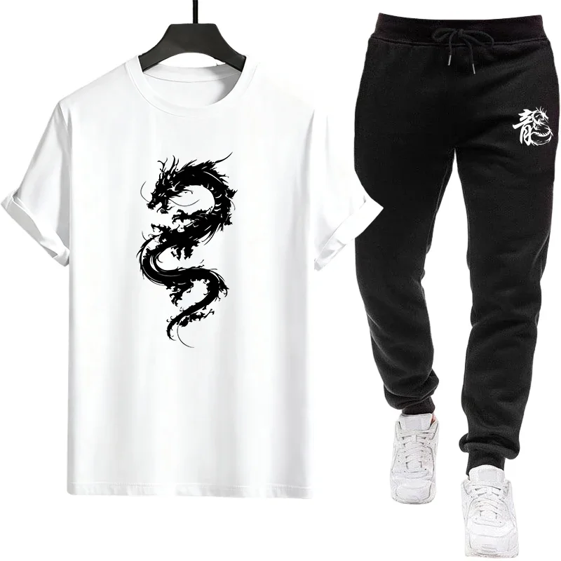 2026 Men's Comfort Wear Set Premium Cotton T-Shirt and Elastic Waist Joggers All Day Lounge Outfit Dragon Printed Tees + Pants