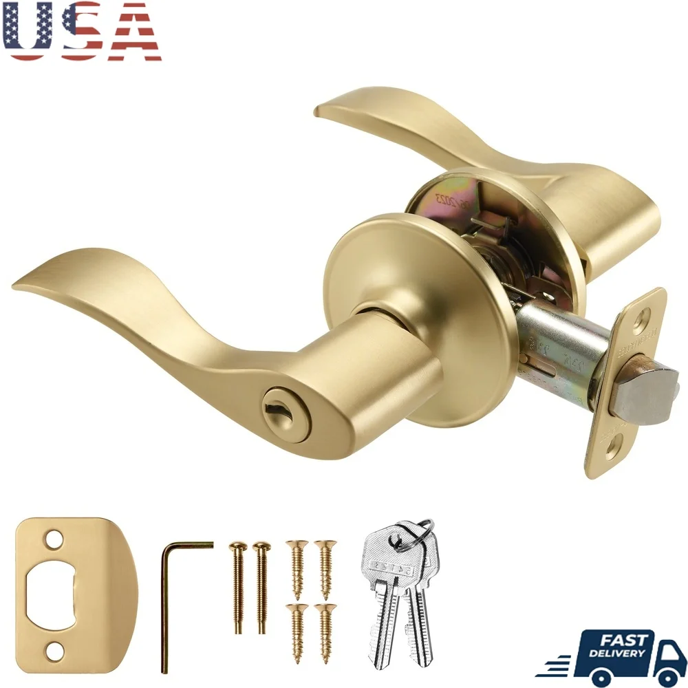 

Universal Keyed Entry Door Handle Satin Gold Ergonomic Design Left Right Hand Doors Durable Security Lock Adjustable Latch
