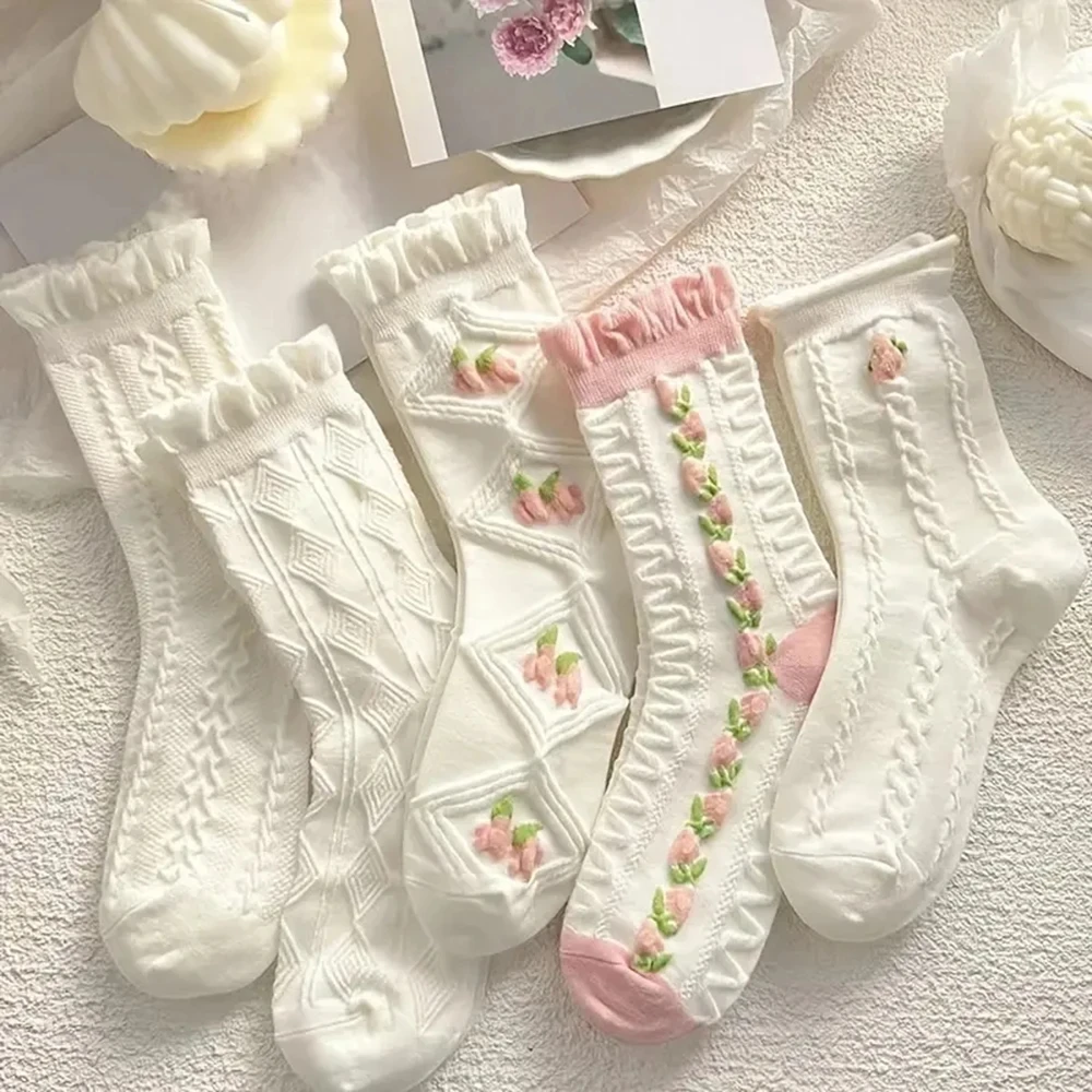 5 Pairs Cute Lace Mid Tube Socks Women's Lolitajk Ruffled Harajuku Style Autumn Winter Soft Versatile Fashionable Girl Socks