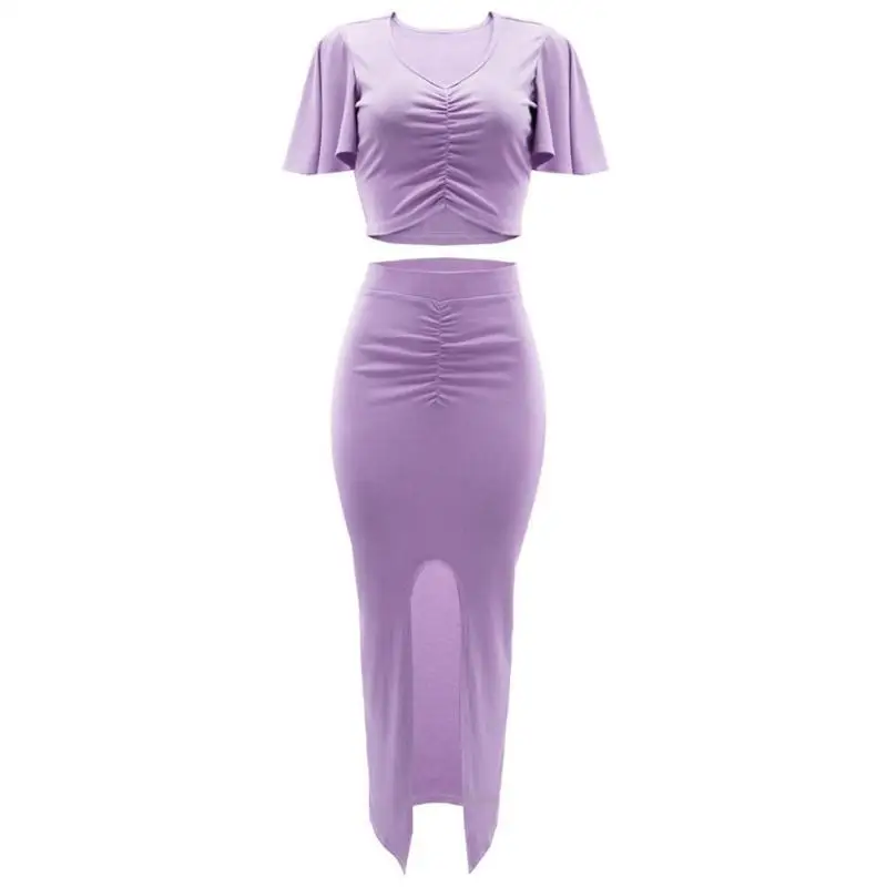 

X5XA Women 2 Piece Outfits Skirt Suit Ruched Crop Top and Slit Bodycon Maxi Skirt Set
