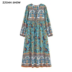 2024 BOHO Paisley Flower Print Bow Lacing up Neck Long Straight Dress Women Viscose Cotton Full Sleeve Maxi Robe Holiday