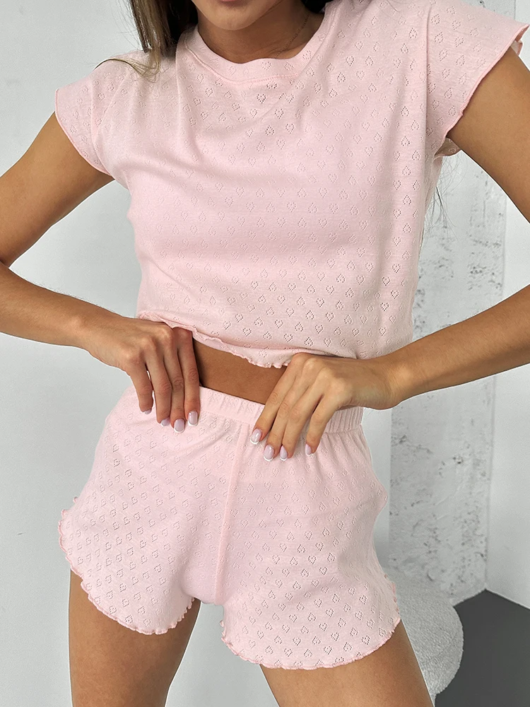 Hiloc Knitted Pajamas For Women 2 Piece Sets Pink Short Sleeve O Neck Sleepwear Female Casual Suits With Shorts Summer 2024