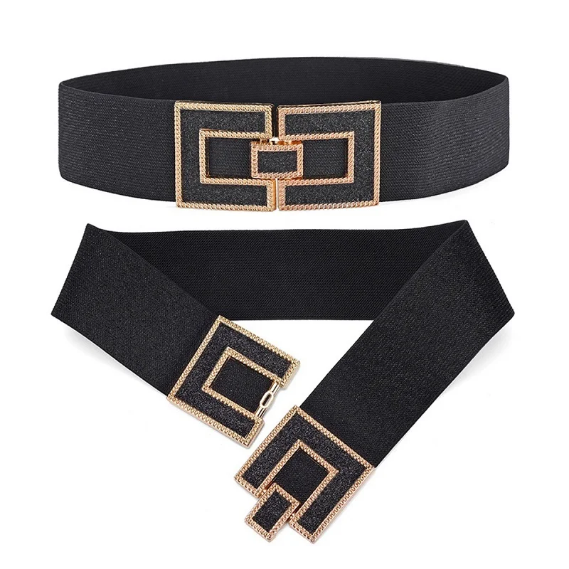 ZLY 2024 New Fashion Waistband Women Elastic PU Leather Golden Diamond Jewel Buckle Luxury Elegant Dress Coat Style Waist Band