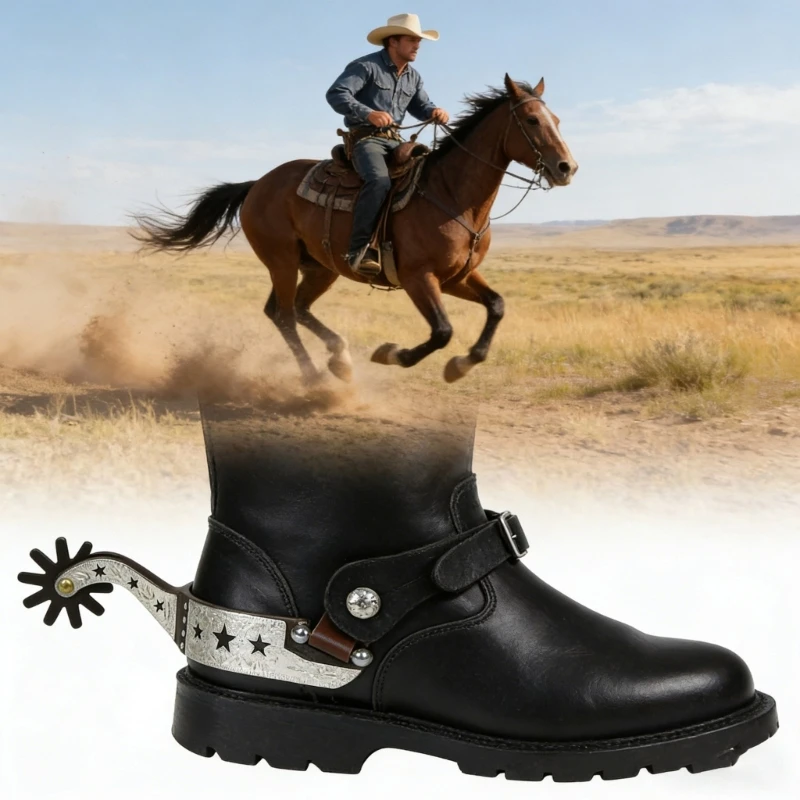 K0EF 1 Pair of Mens Spur Low Carbon Steel Coated Functional Head Authentic Spur Carved Design for Equestrians Activity Use