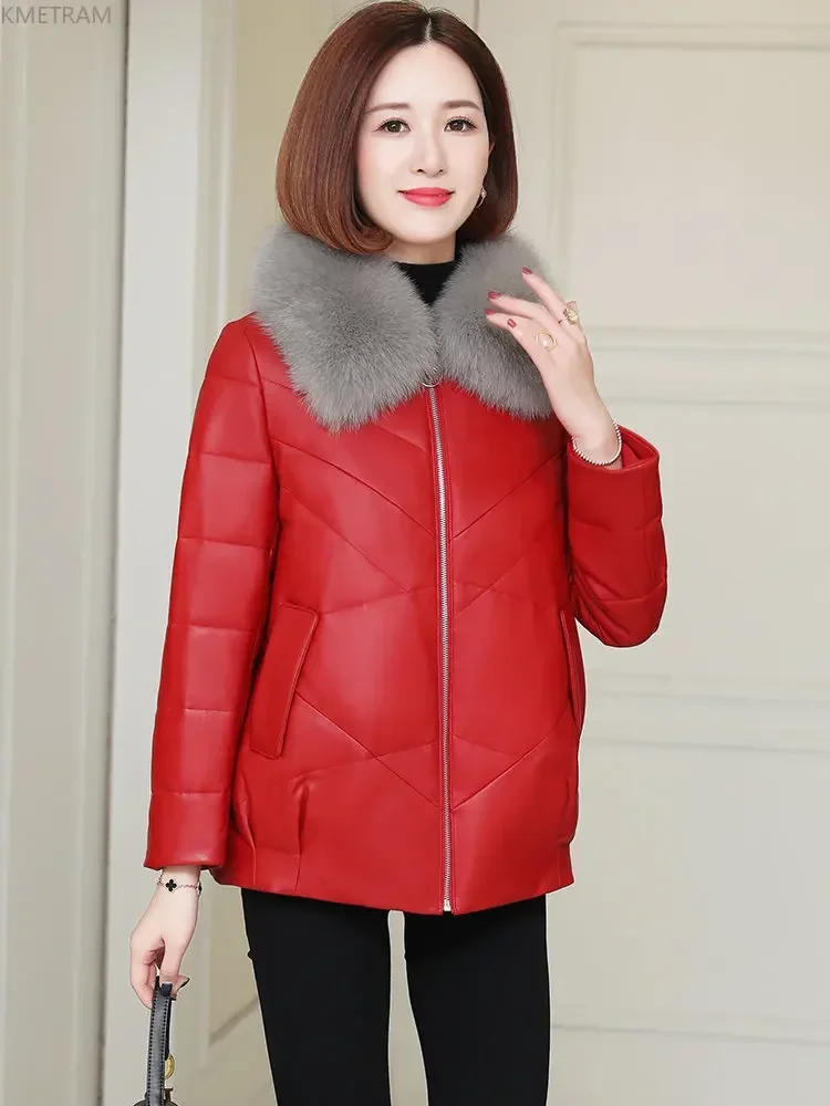ของแท้หนังแจ็คเก็ตผู้หญิง 2024 ฤดูใบไม้ร่วงและฤดูหนาวหนังแกะจริงเกาหลีแฟชั่นลงแจ็คเก็ตFox Fur Collarลงเสื้อ