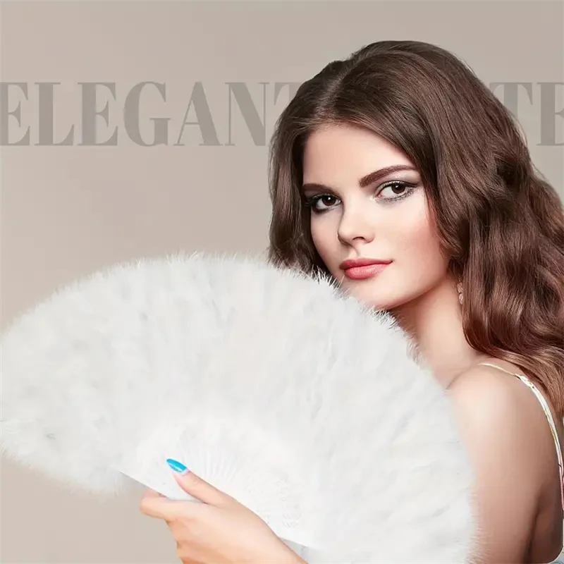 Elegant Folding Fan Full Velvet Colorful White Feather Fan Chinese Knot Hand Fan Fairy Girl Dance Wedding Party Decoration