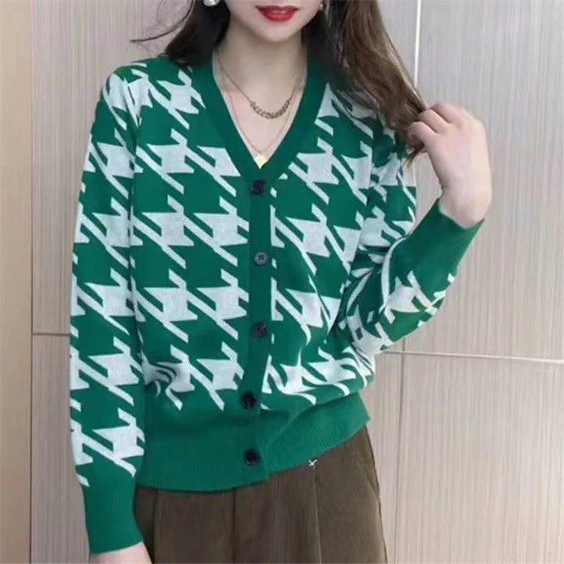 Fashion Classic Elegant Vintage Houndstooth Knitted Cardigan Women Autumn V Neck Slim Single Breasted Sweater Jacket Top Female