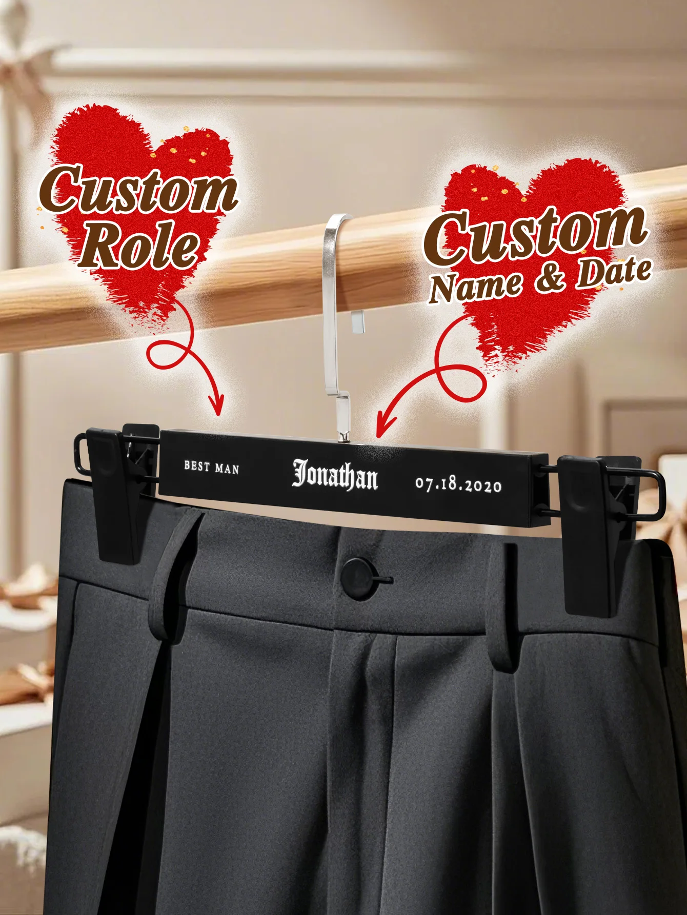 Custom Wedding Pants Hanger Personalized Bridal Groom Suit Hanger Mr Mrs 2 Colors Black White Bridesmaid Groomsmen Keepsake Gift