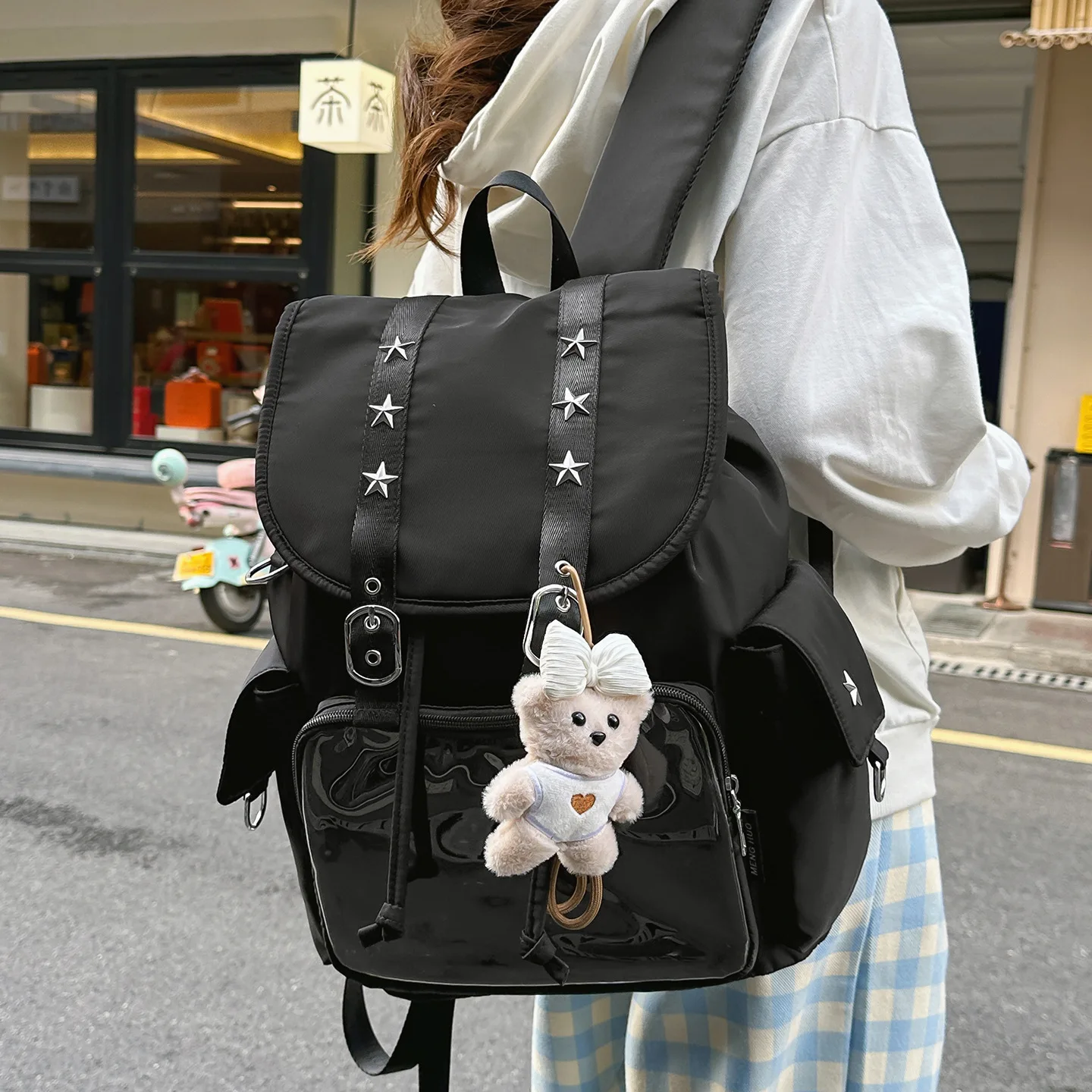 Japanese Casual Women Backpack College Student Schoolbag Transparent Pocket Ita Bags Flap Drawstring Daypack Y2K Travel Rucksack