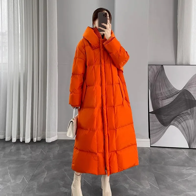 Orange Hooded Down Jacket Women\'s 2024 Winter New Loose Extra Long White duck down Coat Female Puffer Thicken Overcoat Parkas