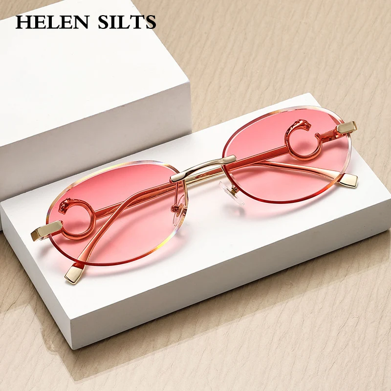 

Fashion Trends Metal Rimless Oval Fashion Sunglasses Women Luxury Brand Designer Gradient Sun Glasses Men Punk Sunglasses UV400