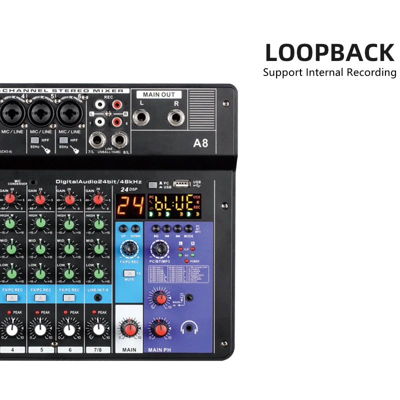 8チャンネルプロフェッショナルオーディオミキサーコンソール、コンピューター、スマートフォン、歌、音楽録音用デジタルサウンドカード内蔵