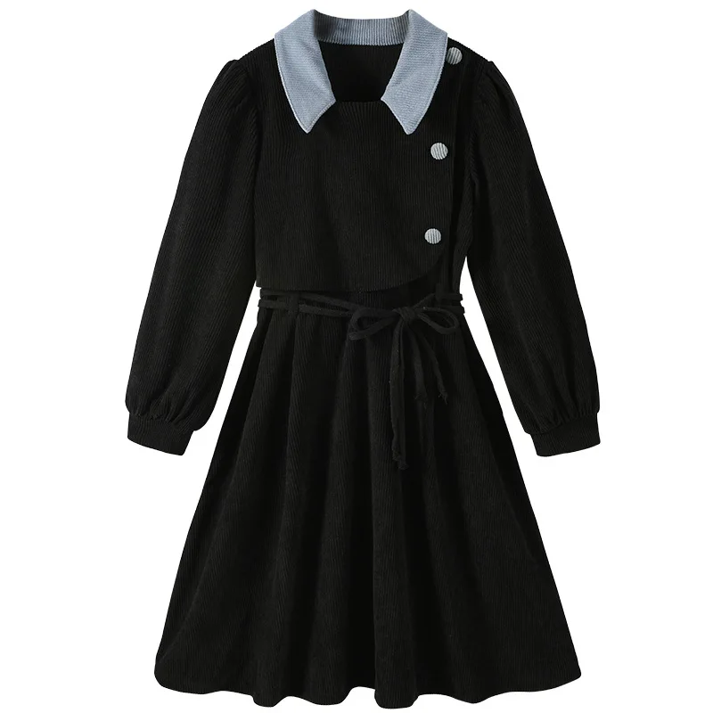 Girls' Color Block Fake Two-Piece Dress2025Autumn New Waist-Tie Skirt Wholesale