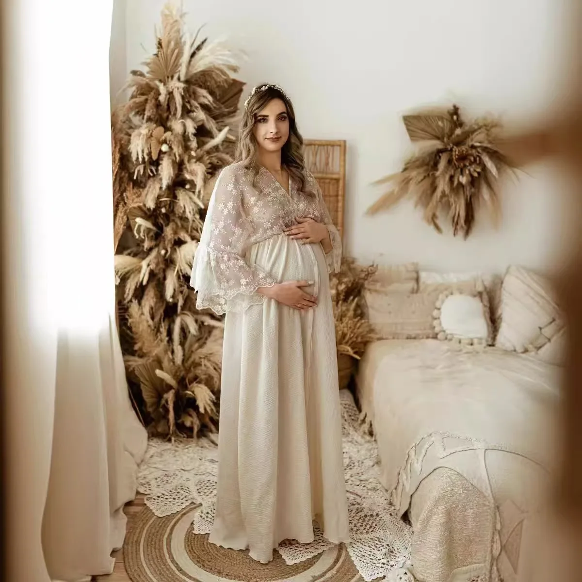 

Sweet Instagram Viral Maternity Dress Cotton Maxi with Embroidery & Lace Photoshoot Gown Pregnancy Photography Dresses