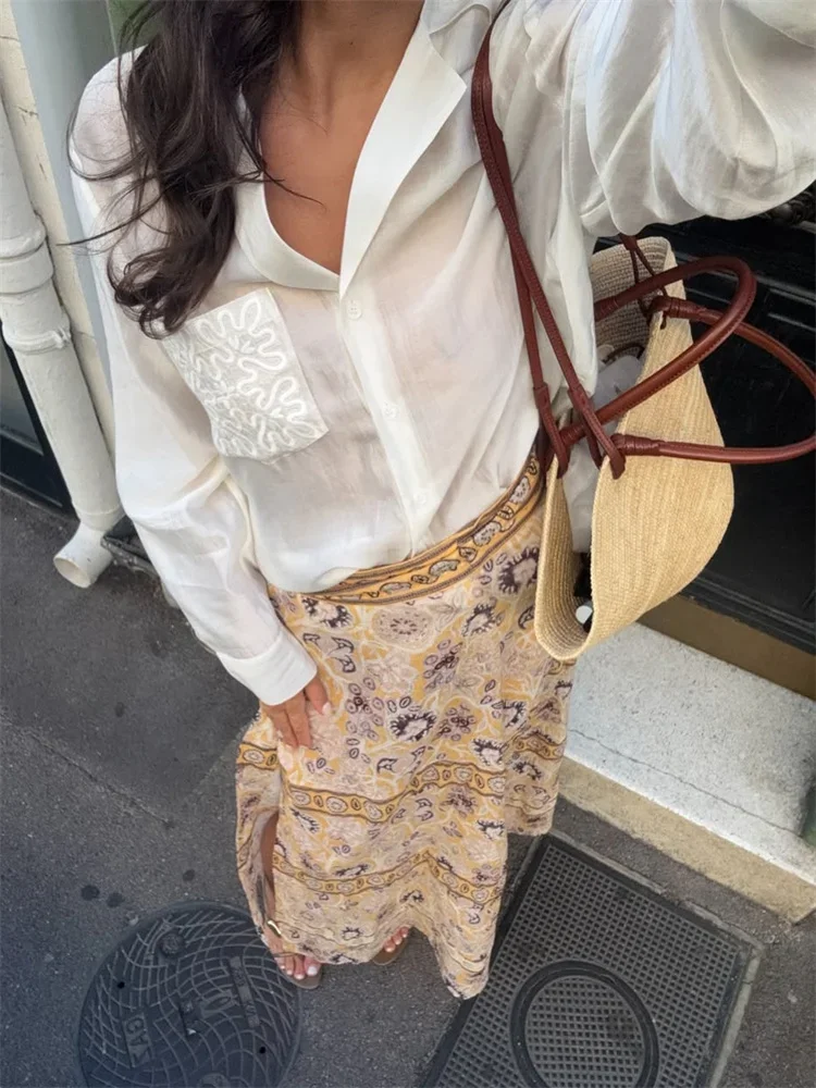 

Luxury Elegant Pocket Female Shirts Top Patchwork Long Sleeve V-Neck Suit Inner Blouse Top Women's Printed Autumn Blouses