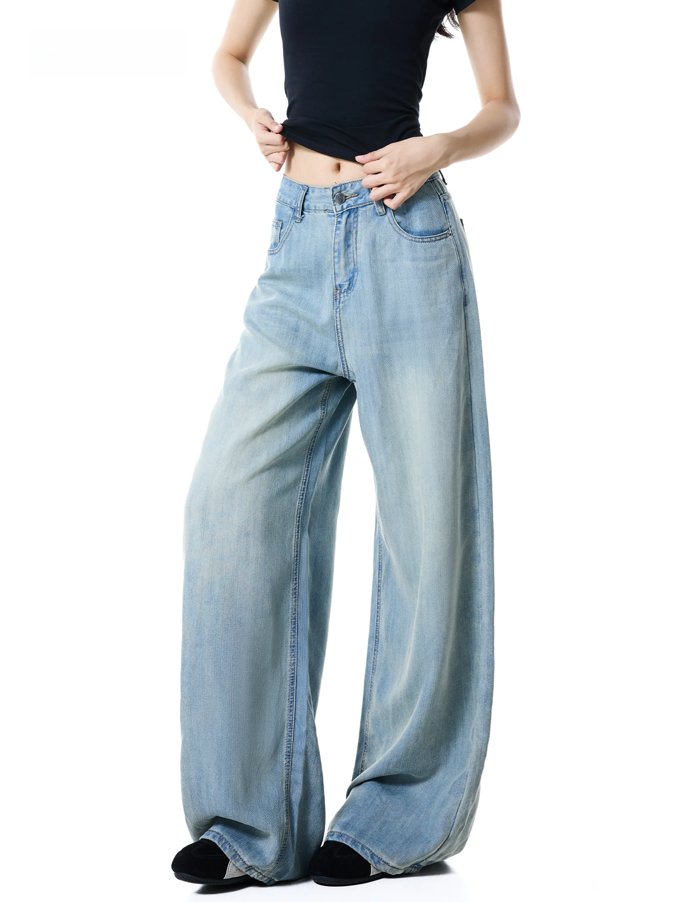 High Waist Wide Leg Denim Jeans Women's Vintage Wash Slimming Draping Floor-Length Pants Autumn New Style American Style