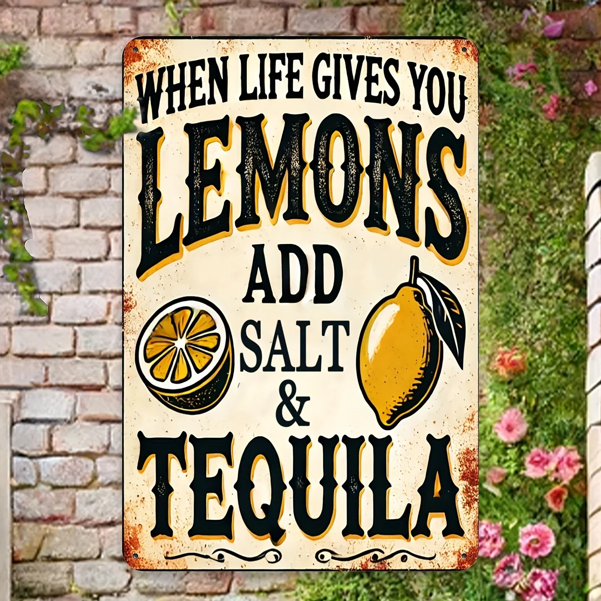 Letrero metálico retro con la frase “Cuando la vida te de limones, añade sal y tequila” - Decoración divertida para bar, para
