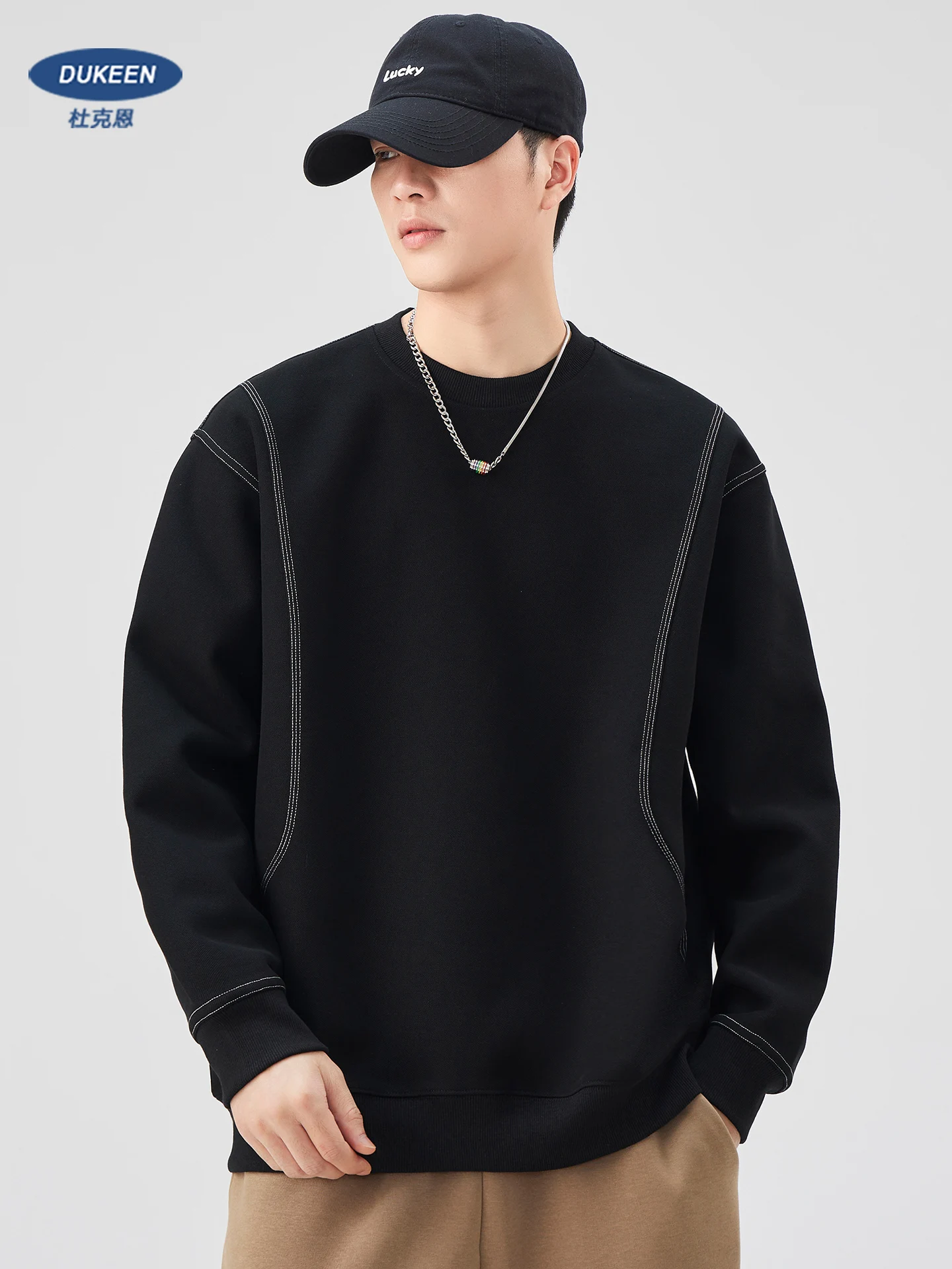 

DUKEEN 420G Heavyweight Men's Pullover 2025 Spring and Autumn Basic Splicing Solid Color Long Sleeve Sweatshirts Men's Clothing