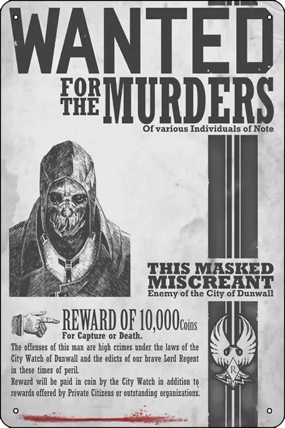 Oedrtqi BW/Dishonored Corvo Wanted Poster Funny Metal Tin Sign for Home Kitchen Bar Room Garage Decor ;