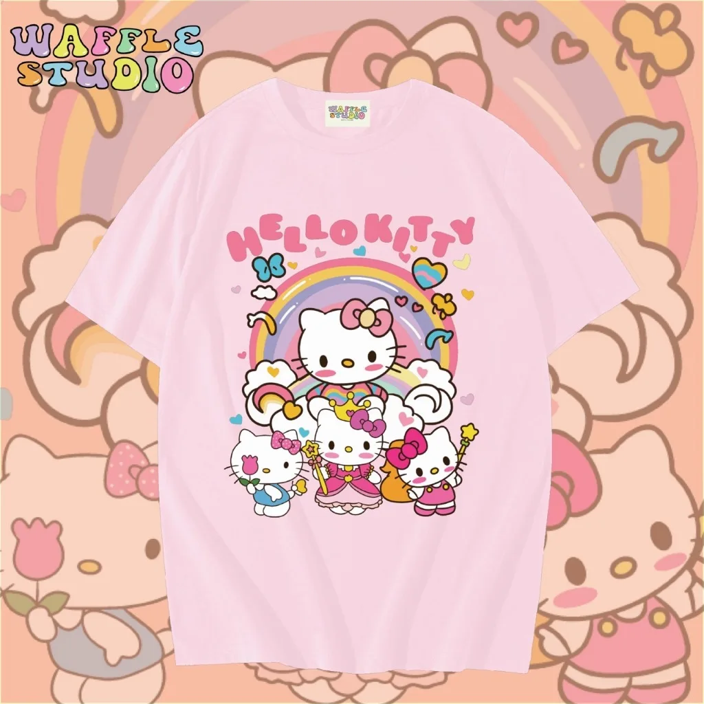 لطيف مرحبا كيتي القطن الخالص قصيرة الأكمام تي شيرت للنساء والأطفال صيف 2025 جديد بسيط مطبوعة فضفاض رداء علوي غير رسمي