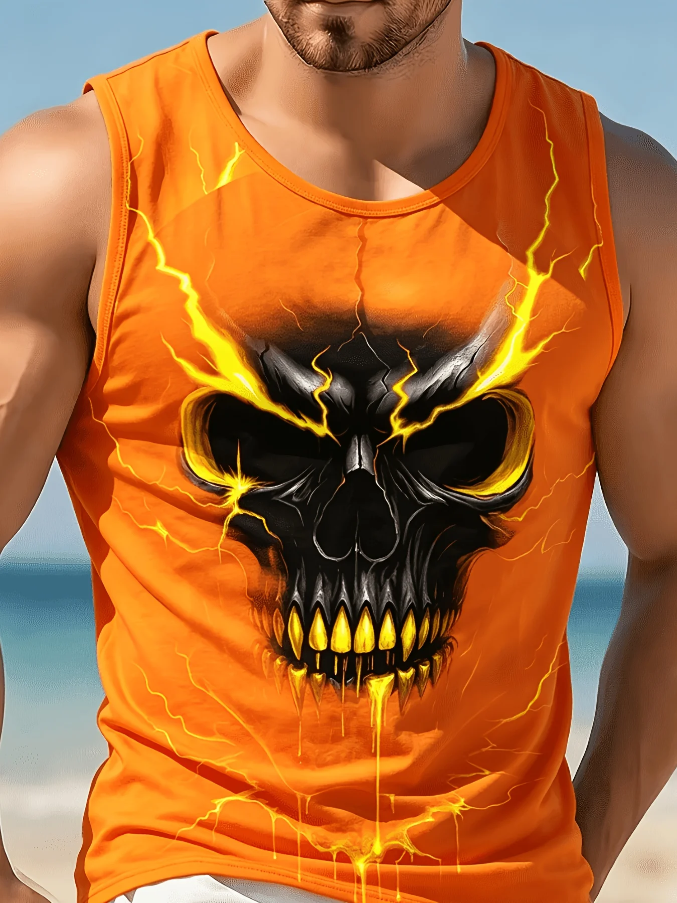Men Lightning Skull Graphic Tank Top, Sleeveless Muscle Vest, Summer Gym Workout Casual Beach Sports Tank Shirt