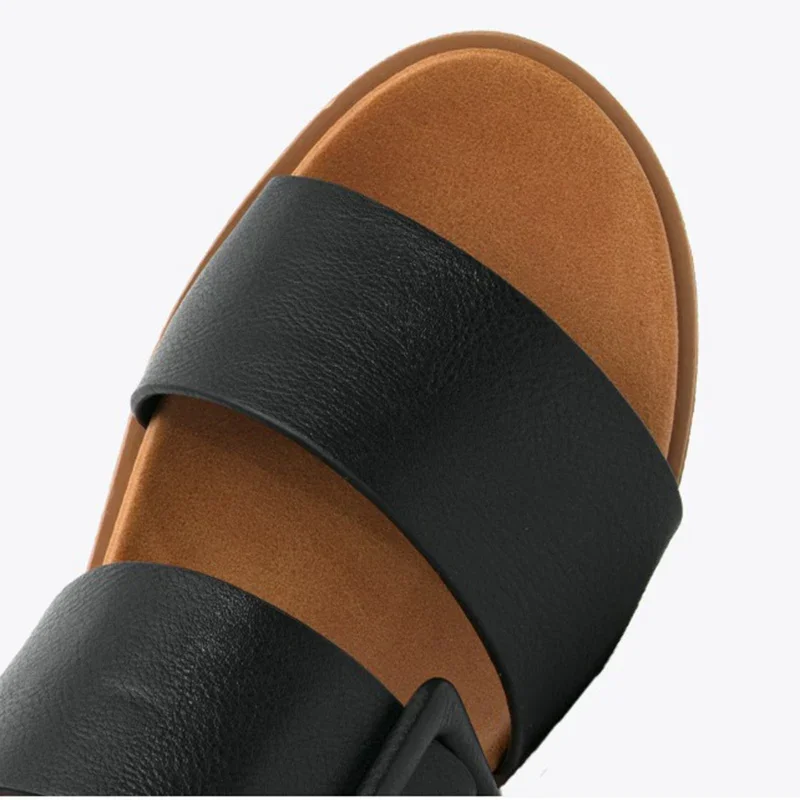 Summer Women 2.5cm Platform 3cm High Heels Slippers Female Fashion Buckle Strap Beach Solid Leather Lady Leisure Concise Slides