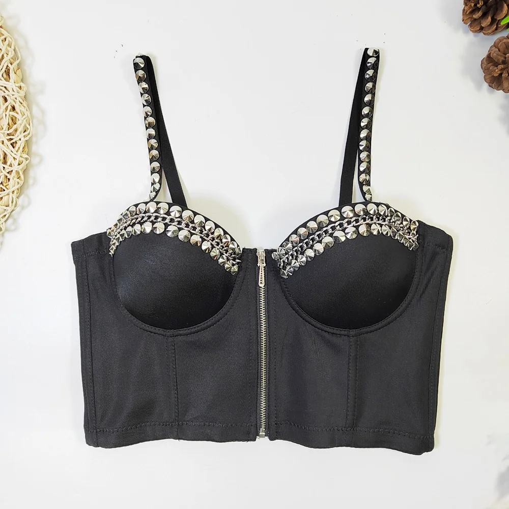 

Темный сексуальный укороченный топ-бюстье с эффектом корсета, женский жилет на молнии с заклепками, для ношения под одеждой и на выход, без бретелек, с открытой спиной, комбинированный