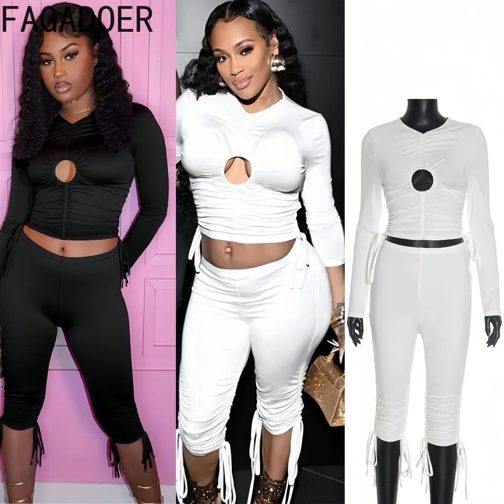 

FAGADOER Sexy Ruched Patchwork Two Piece Outfits Woman Hollow Out Long Sleeve Crop Top and Pants Female Streetwear Clothing New