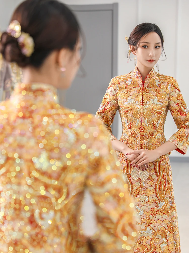 

Новое свадебное платье 2025 года «Дракон и Феникс» для невесты, приталенное, с богатой вышивкой, в китайском стиле, для свадебной церемонии