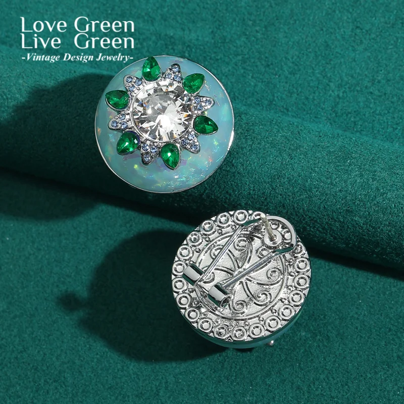 

Vintage Ice Blue Round Glass Stud Earrings White Green Rhinestone Inlaid Sunflower Zircon 2026 New Trends High Quality For Women