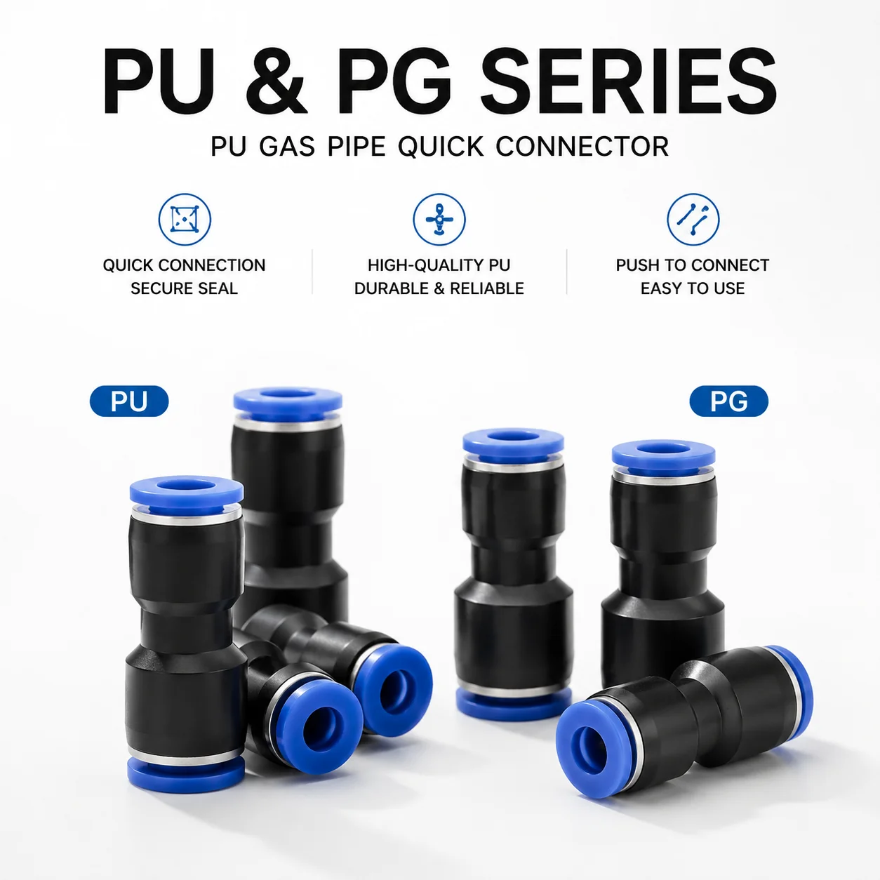 PU & PG Series Gas Pipe Connector, Pneumatic Push-in Air Tube Fitting, Quick Connect Coupler, High-Quality Durable, Easy Use