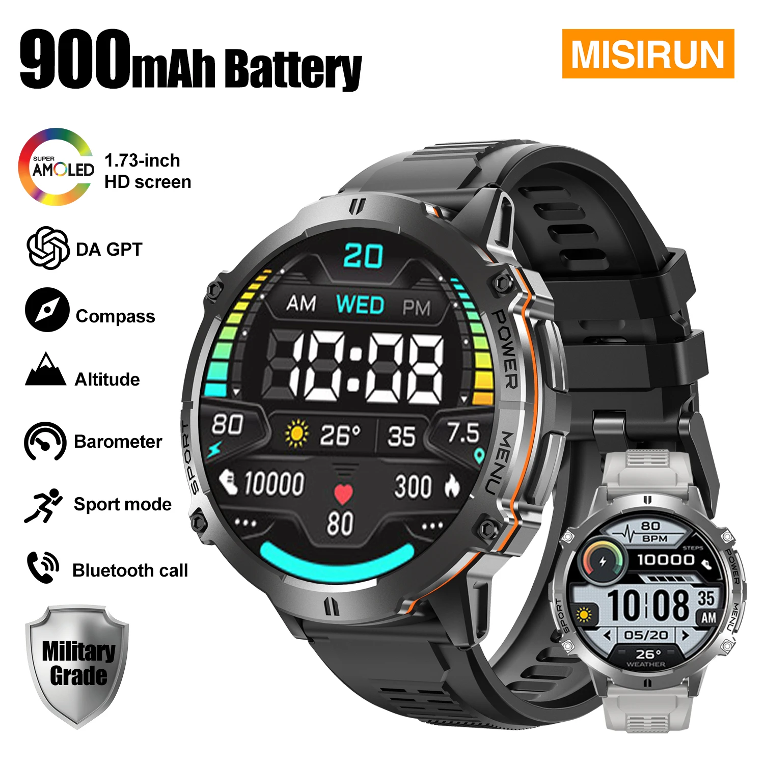 

MISIRUN Military Grade 900mAh Smart Watch AMOLED Chat GPT Compass Altimeter Barometric Call Waterproof Outdoor Sport Smartwatch