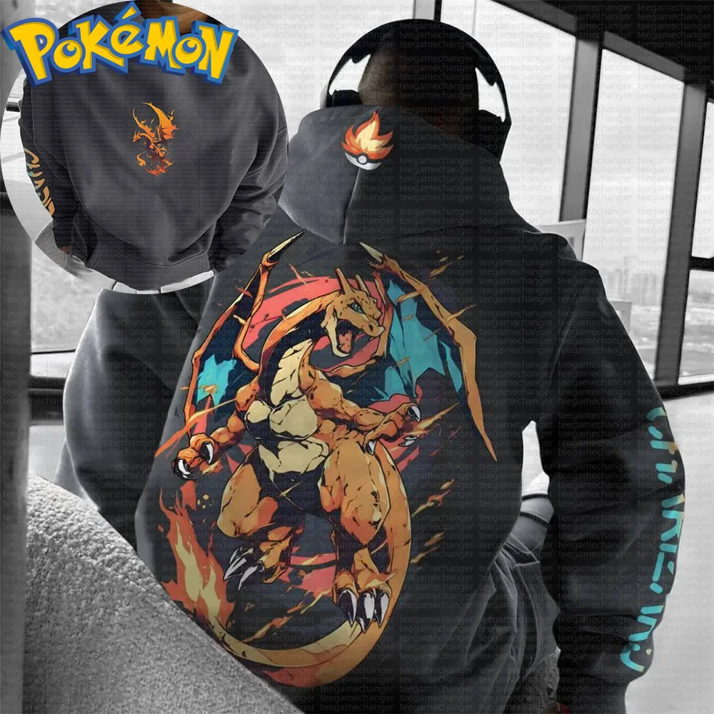

Хлопковая толстовка с капюшоном «Покемон» с принтом огненного персонажа на спине, эффектами оранжевого пламени и логотипом с рукавами, повседневная одежда с длинными рукавами