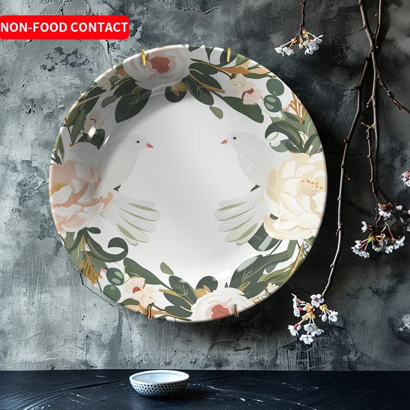 1pc European Vintage Ceramic Decorative Plate with Hand-Painted White Doves and Rose Floral Patterns - Non-Food Contact Wall